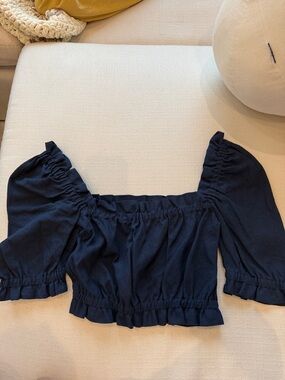 Navy Off-Shoulder Ruffle Crop Top